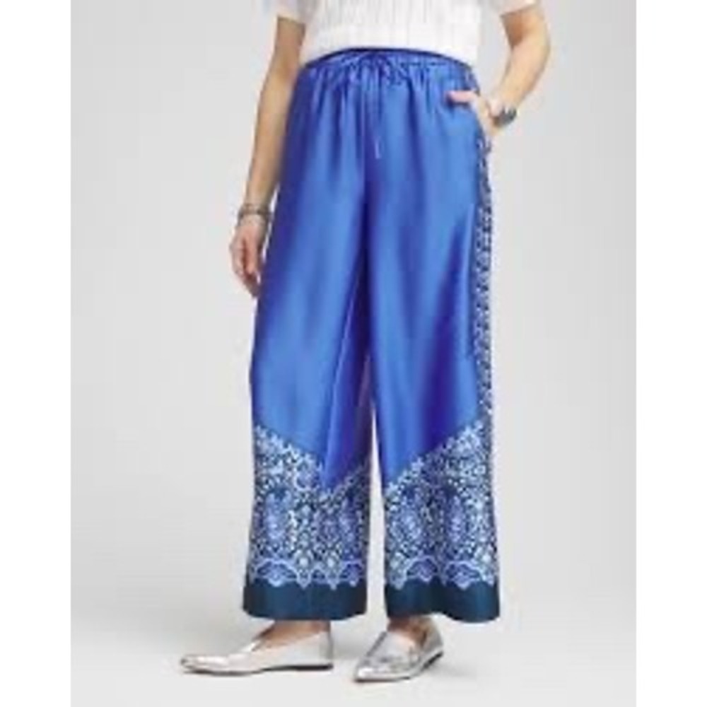 Chico's Size 2 Pull-on Geo Paisley Blue Pearl Wide Leg Crop Pants Size 12/14 NEW